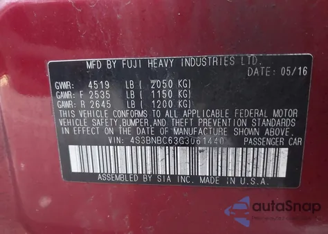 2016 Subaru Legacy 2.5I Premium from USA, damaged, VIN 4S3BNBC63G3061440